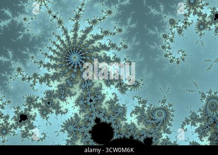 Intricato frattale di Mandelbrot che mostra pattern complessi, spirali ripetute e bellezza matematica in sfumature di blu e verde acqua Foto Stock
