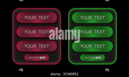 Modelli di menu dell'interfaccia utente moderni con pulsanti luminosi rossi e verdi. Perfetto per interfacce digitali e web design. Illustrazione vettoriale. Illustrazione Vettoriale