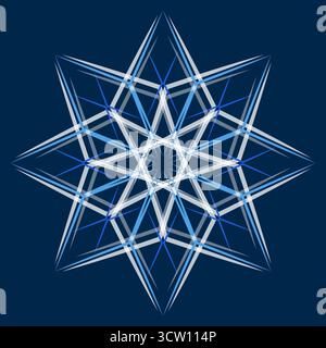 Grande insolita fiocco di neve blu su sfondo scuro. Elegante elemento di design geometrico per un'atmosfera invernale. Illustrazione vettoriale ornamento fiocco di neve natalizio. G Illustrazione Vettoriale