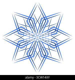 Elemento di design fantasia geometrica ornamentale blu. Grande fiocco di neve blu ornato su sfondo bianco. Elegante motivo geometrico a stella mandala decorativo. Illustrazione Vettoriale