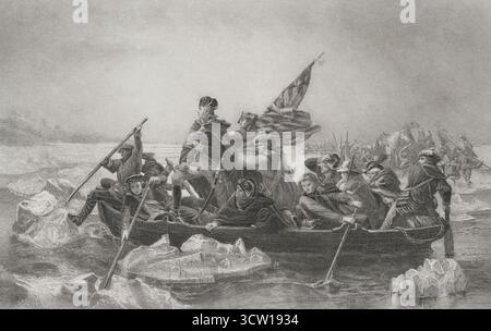 George Washington (1732-1799). 1° Presidente degli Stati Uniti (1789-1797). Washington attraversò il Delaware (la notte tra il 25 e il 26 dicembre 1776, durante la guerra di indipendenza americana). Manovra militare a sorpresa organizzata da George Washington, comandante dell'Esercito continentale. Per mezzo di esso attaccò gli assiani (truppe mercenarie tedesche al servizio degli inglesi) di guarnigione a Trenton. Incisione di J. Rogers (fl. 1810-1840) dopo un dipinto di Emanuel Gottlieb Leutze (1816-1868) nel 1851. Storia degli Stati Uniti, di J. A. Spencer. Volume I. Edizione pubblicata a Barcellona, 1872. Foto Stock