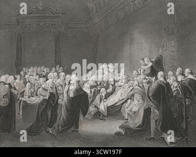 La morte del conte di Chatham. Esso raffigura il crollo di William Pitt (1708-1778), i conte di Chatham, nella camera dei lord, il 7 aprile 1778. Chatham è circondato dai suoi tre figli (John, William e James) e suo genero (Lord Mahon) e sostenuto dai duchi di Cumberland e Portland. Incisione di F.C. Nicholson dopo un dipinto dell'artista americano John Singleton Copley (1738-1815) nel 1779-1780. Storia degli Stati Uniti, di J. A. Spencer. Volume II Edizione pubblicata a Barcellona, 1873. Foto Stock