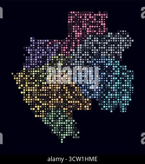 Gabon, la forma del paese e' fatta di cellule colorate. Mappa digitale del Gabon su sfondo scuro. Blocchi quadrati arrotondati di piccole dimensioni. Illustrazione Vettoriale