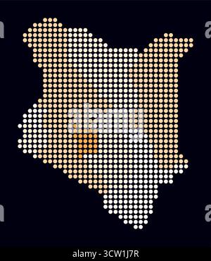 Mappa punteggiata del Kenya. Mappa digitale del paese su sfondo scuro, che mostra la forma del Kenya composta da punti circolari colorati. Illustrazione Vettoriale