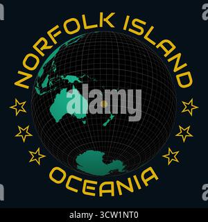 Norfolk Island su Globe. Arrotondare il testo del nome del paese e del continente. Vista paese sulla mappa del mondo con tavolozza dei colori Black Emerald. La forma dell'isola di Norfolk sulla mappa. Illustrazione Vettoriale