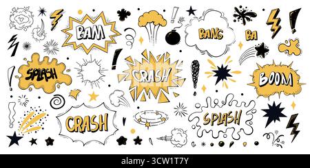 Un pacchetto di bolle vocali, elementi vettoriali di bombe comiche. Set di effetti sonori di testo comico. Effetto bomba esplosiva, spruzzi, esclamazioni. Braccio di testo Doodle, Illustrazione Vettoriale