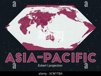 Asia-Pacifico. Mappa del mondo. Proiezione di Eckert i incentrata sull'Asia-Pacifico. Pallido Mint Dark Pink (Rosa scuro). Texture vintage. Illustrazione vettoriale classica. Illustrazione Vettoriale