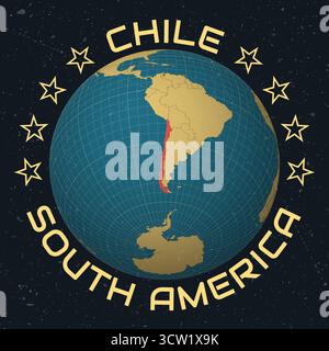 Repubblica del Cile su Globe. Nome del paese testo rotondo. Look vintage con texture graffiata graffiata. Illustrazione Vettoriale