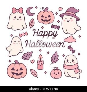 Simpatici fantasmi di Halloween e zucche Illustrazione Vettoriale