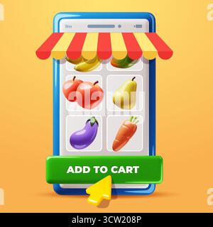 App Cartoon 3d per la consegna di frutta e verdura. Schermo per telefoni cellulari, negozio online, servizio di ristorazione vegetariano biologico, mercato di alimentari online, supermercato digitale Illustrazione Vettoriale