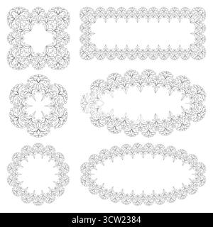 Set di cornici decorative per il tuo progetto. Telai tondi e quadrati Lacy. Elemento decorativo nero monocromatico isolato su sfondo bianco. Pizzo di cur Illustrazione Vettoriale