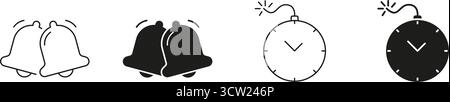 Set di icone delle campane che suonano e della bomba a orologeria. Notifica di allarme e profilo dell'allarme di urgenza e raccolta simboli silhouette. Gestione del tempo e conto alla rovescia Illustrazione Vettoriale