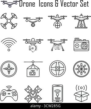 Le icone dei droni impostano l'illustrazione vettoriale della tecnologia quadricottero e dei simboli della fotografia aerea Illustrazione Vettoriale