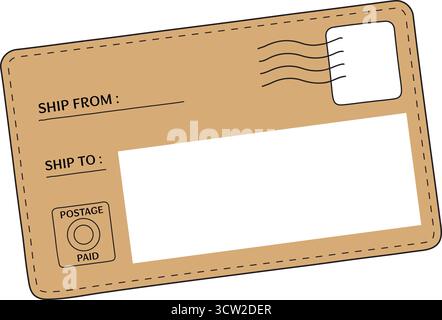 Un mailer in stile kraft mostra le scatole di SPEDIZIONE e SPEDIZIONE con un timbro stampato e un codice a barre fittizio per la grafica dei pacchi Illustrazione Vettoriale