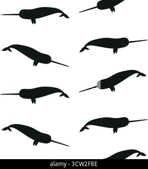 Motivo vettoriale senza cuciture di silhouette piatta e narwhale Illustrazione Vettoriale