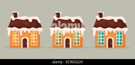 Accogliente cottage di pan di zenzero rivestito di un design piatto da neve. Illustrazione Vettoriale