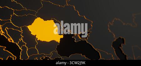 Mappa 3d della Romania dorata circondata da altri paesi in nero con bordi dorati e dof poco profondi. Europa carta politica con confini Foto Stock
