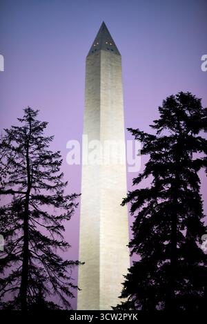 Washington Monument National Mall Washington DC prima dell'alba // WASHINGTON DC - il Washington Monument è visto contro un cielo prealba sul National Mall. Questo iconico obelisco, che commemora George Washington, è la struttura in pietra e l'obelisco più alti del mondo. Misura 169,294 metri (555 piedi 5⅛ pollici) di altezza. Costruita in marmo, granito e gneiss di pietra blusa, la sua costruzione è stata estesa dal 1848 al 1884. Il monumento è un importante punto di riferimento a Washington DC, situato al centro del National Mall. Foto Stock
