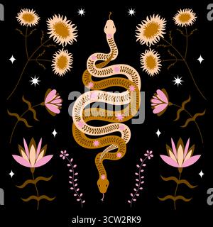 Illustrazione simmetrica decorativa del vettore del serpente con elementi floreali. Vivace illustrazione di un serpente avvolto, circondato da vari elementi floreali Foto Stock