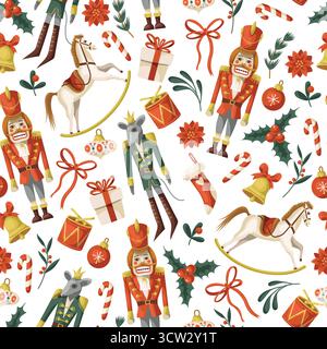 Schiaccianoci regali natalizi decorazioni giocattoli topo cavallo canna da zucchero motivo isolato vettoriale Illustrazione Vettoriale