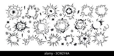Esplosione di bombe radiali, nuvole, telai o bolle. Esplosioni causate dalla dinamite, elementi di fumo atomici rotondi con fuoco di fuoco. Set vettoriale di fogli di sprite di esplosione. Icona nera del movimento del puff Illustrazione Vettoriale