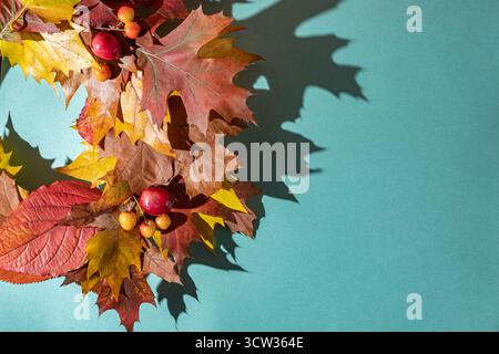 Primo piano di foglie floreali essiccate e di foglie autunnali su sfondo blu. Arredamento autunnale e concetto per il giorno del Ringraziamento Foto Stock