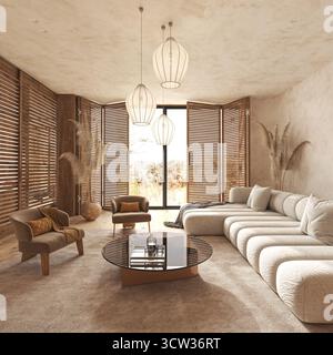 Soggiorno boho neutro con eleganza moderna Foto Stock