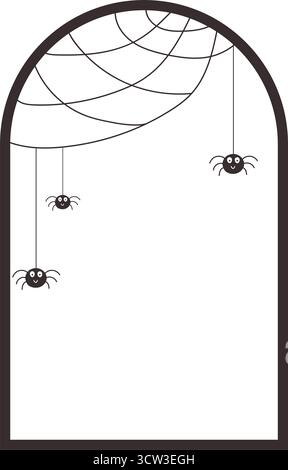 Arco nero Halloween con ragnatela e ragni appesi alla rete tagliata di carta. Graziosi e spettrali modelli verticali trasparenti con copia Illustrazione Vettoriale