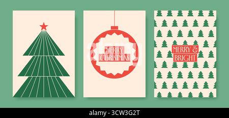 Set di cartoline natalizie retrò con alberi geometrici e ornamenti in stile minimalista rosso e verde. Illustrazione vettoriale Illustrazione Vettoriale