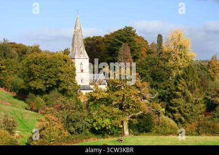Monkton Wyld, Dorset, Regno Unito. 9 ottobre 2025. Meteo nel Regno Unito: La chiesa del villaggio è annidata tra alberi che brillano di colore autunnale dorato nel piccolo borgo rurale di Monkton Wyld in un glorioso pomeriggio di ottobre. Crediti: Celia McMahon/Alamy Live News Foto Stock