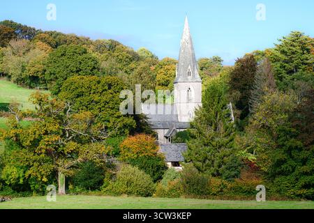 Monkton Wyld, Dorset, Regno Unito. 9 ottobre 2025. Meteo nel Regno Unito: La chiesa del villaggio è annidata tra alberi che brillano di colore autunnale dorato nel piccolo borgo rurale di Monkton Wyld in un glorioso pomeriggio di ottobre. Crediti: Celia McMahon/Alamy Live News Foto Stock