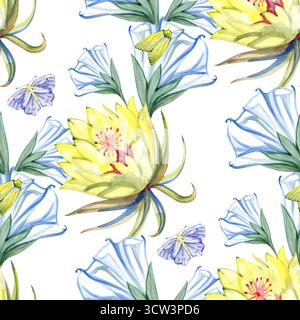 Acquerello vintage senza cuciture con fiori di luna notturna, illustrazione dipinta a mano Foto Stock