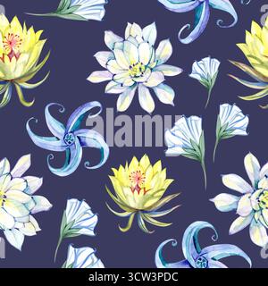 Acquerello vintage senza cuciture con fiori di luna notturna, illustrazione dipinta a mano Foto Stock