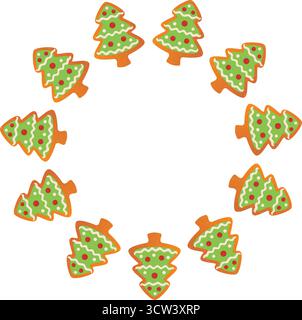 Cornice di Natale rotonda fatta di biscotti al pan di zenzero albero di Natale. Stile piatto alla moda disegnato a mano. Cornice per le festività natalizie. Ghirlanda di biscotti. Ideale per cartoline, poster e banner di Natale. Illustrazione vettoriale Illustrazione Vettoriale
