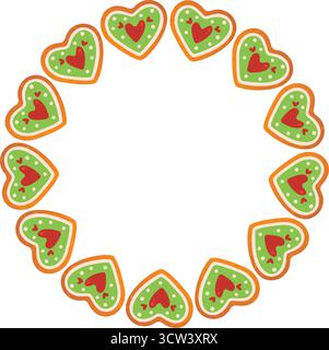 Cornice di Natale rotonda realizzata con biscotti al pan di zenzero a forma di cuore. Stile piatto alla moda disegnato a mano. Cornice per le festività natalizie. Ghirlanda di biscotti. Ideale per cartoline, poster e banner di Natale. Illustrazione vettoriale Illustrazione Vettoriale