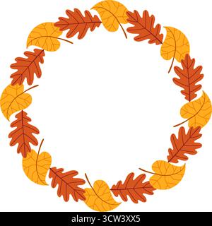 Semplici foglie di quercia e betulla gialla e marrone. telaio circolare. Stile piatto alla moda isolato su sfondo trasparente. cornice rotonda di foglie autunnali. Ideale per poster e cartoline. Illustrazione vettoriale Illustrazione Vettoriale