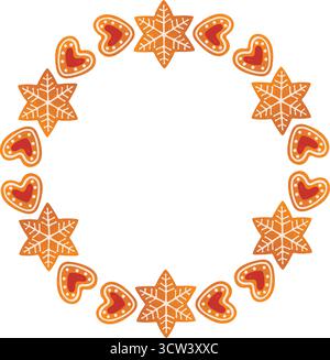 Cornice di Natale rotonda composta da una stella di pan di zenzero e biscotti a forma di cuore. Stile piatto alla moda disegnato a mano. Cornice per le festività natalizie. Ghirlanda di biscotti. Ideale per cartoline, poster e banner di Natale. Vettore Illustrazione Vettoriale