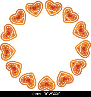 Cornice di Natale rotonda realizzata con biscotti al pan di zenzero a forma di cuore. Stile piatto alla moda disegnato a mano. Cornice per le festività natalizie. Ghirlanda di biscotti. Ideale per cartoline, poster e banner di Natale. Illustrazione vettoriale Illustrazione Vettoriale