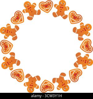 Cornice di Natale rotonda fatta di biscotti a forma di cuore e di gingerbread. Stile piatto alla moda disegnato a mano. Cornice per le festività natalizie. Ghirlanda di biscotti. Ideale per cartoline, poster e banner di Natale. Illustrazione vettoriale Illustrazione Vettoriale