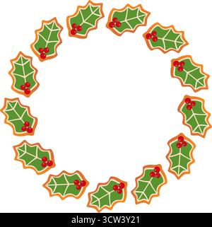 Cornice di Natale rotonda fatta di biscotti al pan di zenzero Holly Leaf. Stile piatto alla moda disegnato a mano. Cornice per le festività natalizie. Ghirlanda di biscotti. Ideale per cartoline, poster e banner di Natale. Illustrazione vettoriale Illustrazione Vettoriale