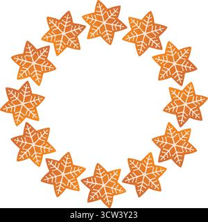 Cornice di Natale rotonda fatta di biscotti a forma di stella di pan di zenzero. Stile piatto alla moda disegnato a mano. Cornice per le festività natalizie. Ghirlanda di biscotti. Ideale per cartoline, poster e banner di Natale. Vettore Illustrazione Vettoriale