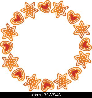 Cornice di Natale rotonda composta da una stella di pan di zenzero e biscotti a forma di cuore. Stile piatto alla moda disegnato a mano. Cornice per le festività natalizie. Ghirlanda di biscotti. Ideale per cartoline, poster e banner di Natale. Vettore Illustrazione Vettoriale
