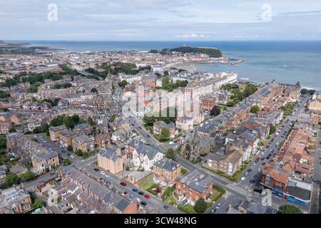 Vista aerea di Scarborough da Olivers Mount, Scarborough, North Yorkshire, Regno Unito. Foto Stock