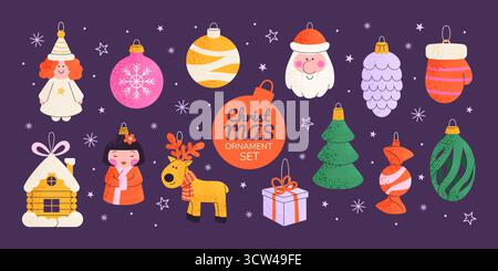Pacchetto ornamento natalizio. Set clipart piatto e granuloso Illustrazione Vettoriale