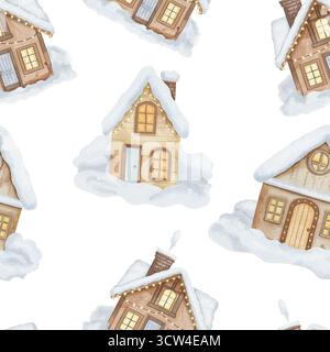 Motivo ad acquerello senza cuciture con case in legno, ciaspole, luci e ghirlande alle finestre. Cottage ricoperti di neve, sfondo bianco Foto Stock