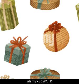 Un modello vivace e colorato di scatole regalo splendidamente confezionate, perfette per feste e design a tema. Motivo festivo senza cuciture disegnato a mano per la stampa su tessuti, carta e materiali da imballaggio. Foto Stock