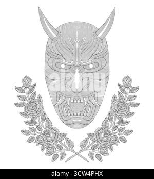 Maschera demone Hannya, cultura tradizionale giapponese, illustrazione vettoriale stile disegno incisione vintage Illustrazione Vettoriale