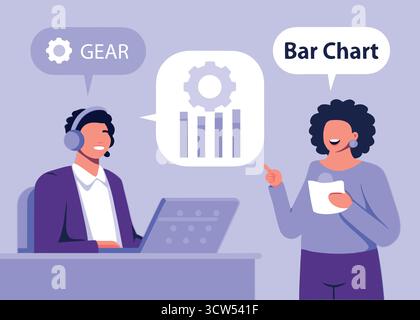 Sessione di lavoro di squadra coinvolgente: Colleghi che collaborano alla strategia di progetto utilizzando informazioni approfondite sui dati e la configurazione della tecnologia in un contesto semplice e moderno. Illustrazione Vettoriale