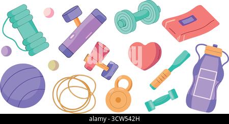 Intraprendi un viaggio gioioso verso il benessere e la forza con colorate e stravaganti icone del fitness illustrate in uno stile giocoso. Illustrazione Vettoriale