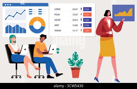 Consentire ai team di analizzare dati finanziari, grafici e report per favorire la crescita aziendale in un ambiente di lavoro moderno con un design vettoriale pulito e professionale. Illustrazione Vettoriale